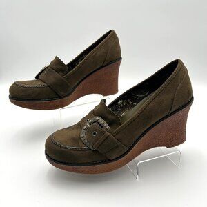 LOWER EAST SIDE VTG Olive Green Suede Wedge Platform Buckle Retro Style Size 9